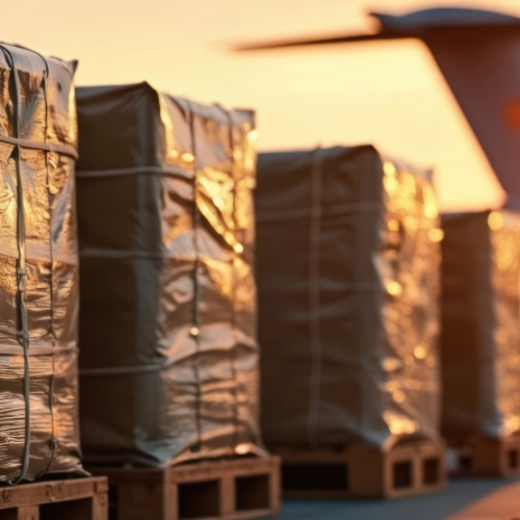 Frachtpaletten am Flughafen vor Transportflugzeug bei Sonnenuntergang – Air Chargeable Weight in der Luftfracht