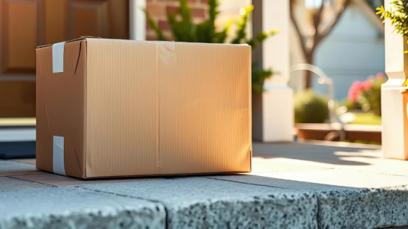 Ein großes braunes Paket steht zugestellt auf den Steinstufen im Tageslicht.