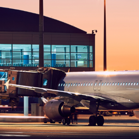 Flugzeug an einem beleuchteten Terminal bei Sonnenuntergang, Fluggastbrücke angedockt, Vorfeld am Abendhimmel.