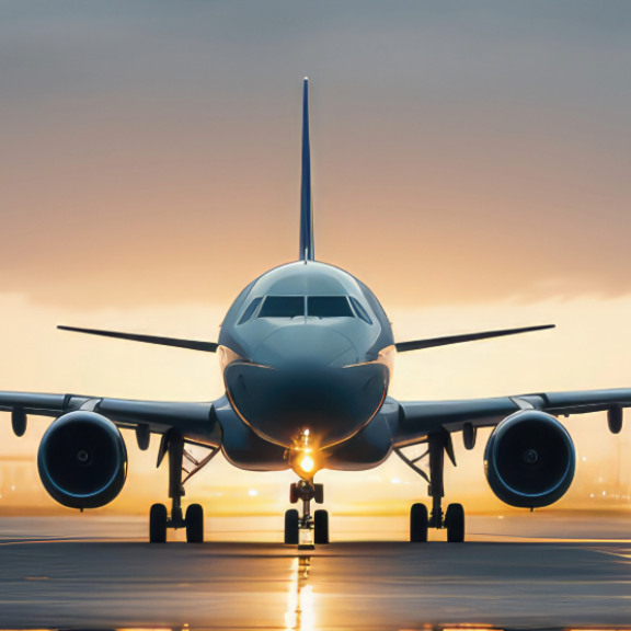 Frontansicht eines Passagierflugzeugs auf der Startbahn bei Sonnenuntergang, bereit zum Abflug (AOD).