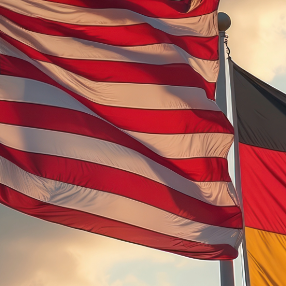 Amerikanische und deutsche Flagge wehen nebeneinander vor bewölktem Abendhimmel.