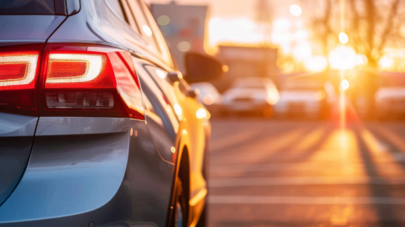 Rückansicht eines silbernen Autos auf einem Parkplatz im Sonnenuntergang, Fokus auf das Rücklicht.