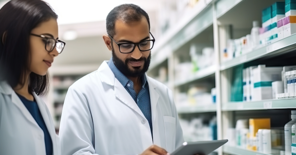 Zwei Ärzte stehen vor einem Regal mit Medikamenten in Indien